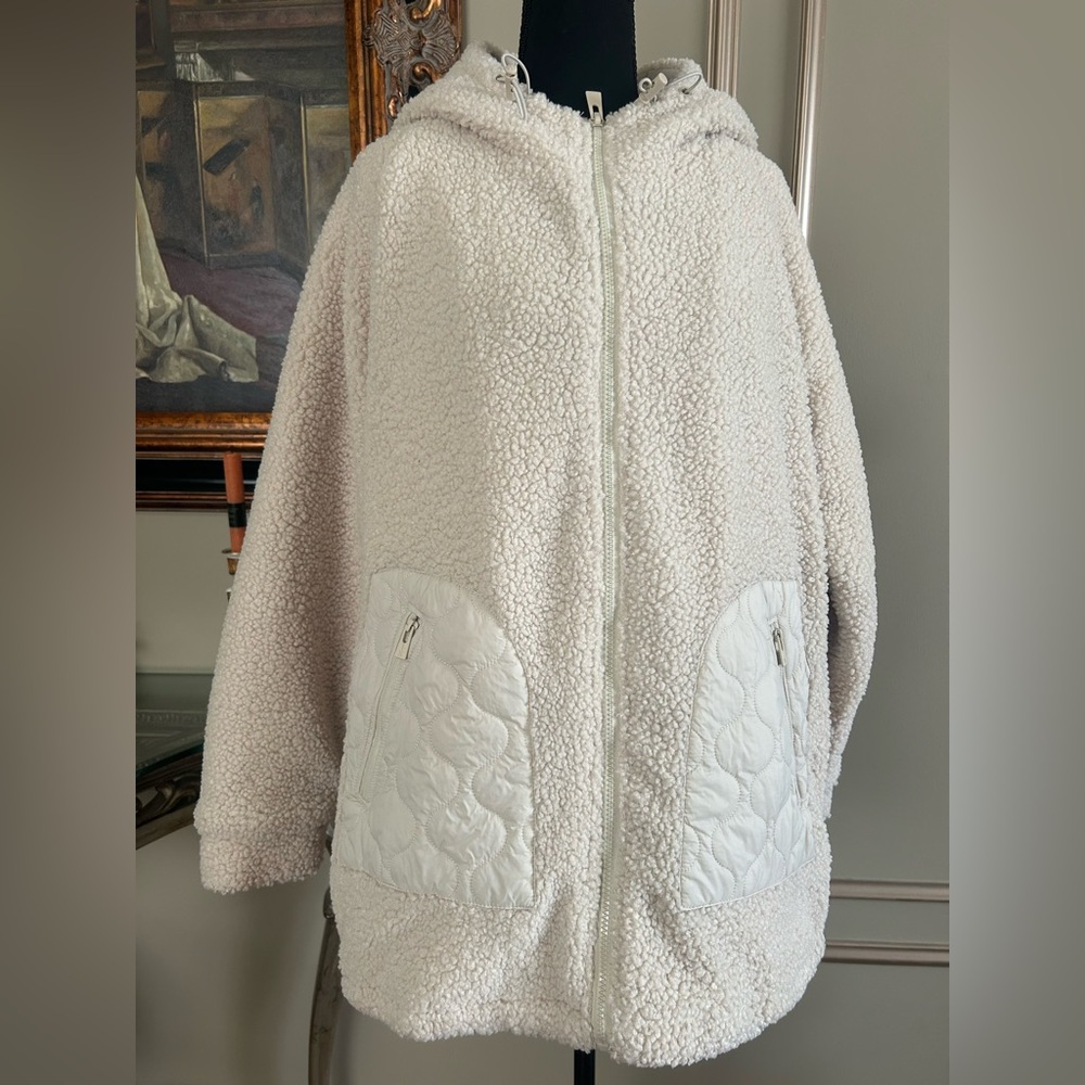 Hurley Cream Sherpa Quilted Hooded Jacket Oversized Cozy Fleece Puffer Hybrid L - Picture 3 of 9